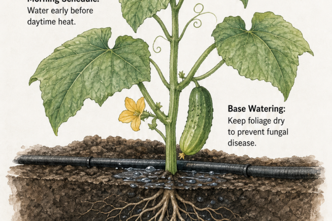 Cross-section illustration of a cucumber plant showing a soaker hose watering the base and deep soil moisture.