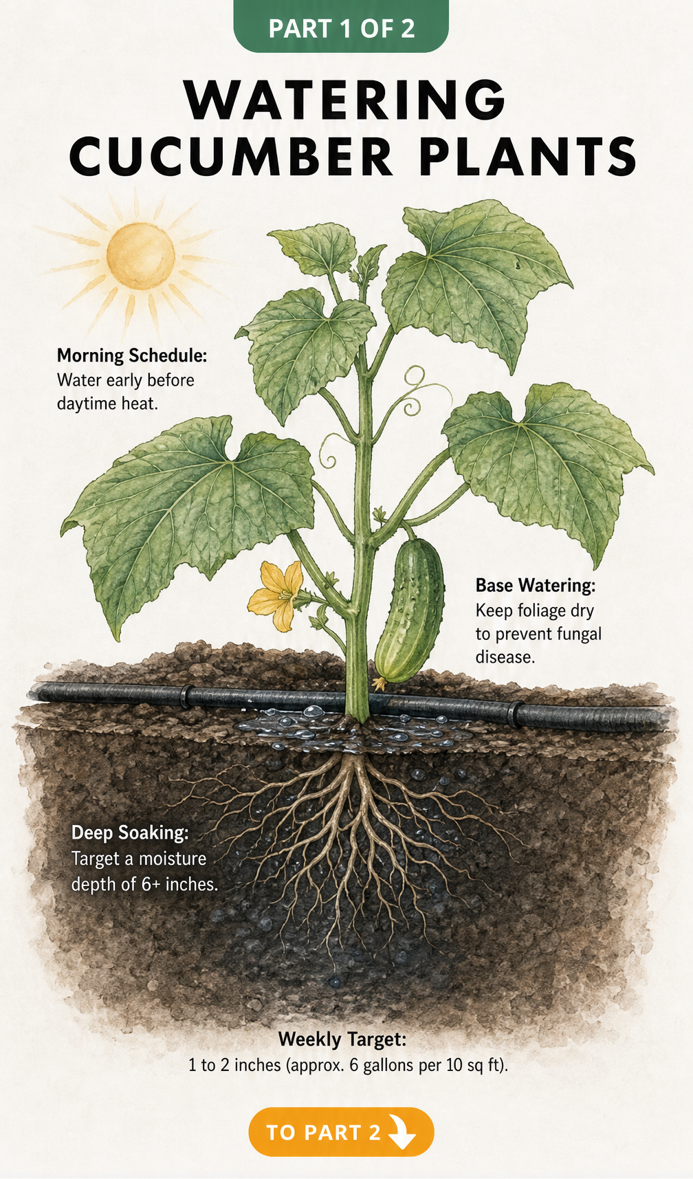 Cross-section illustration of a cucumber plant showing a soaker hose watering the base and deep soil moisture.
