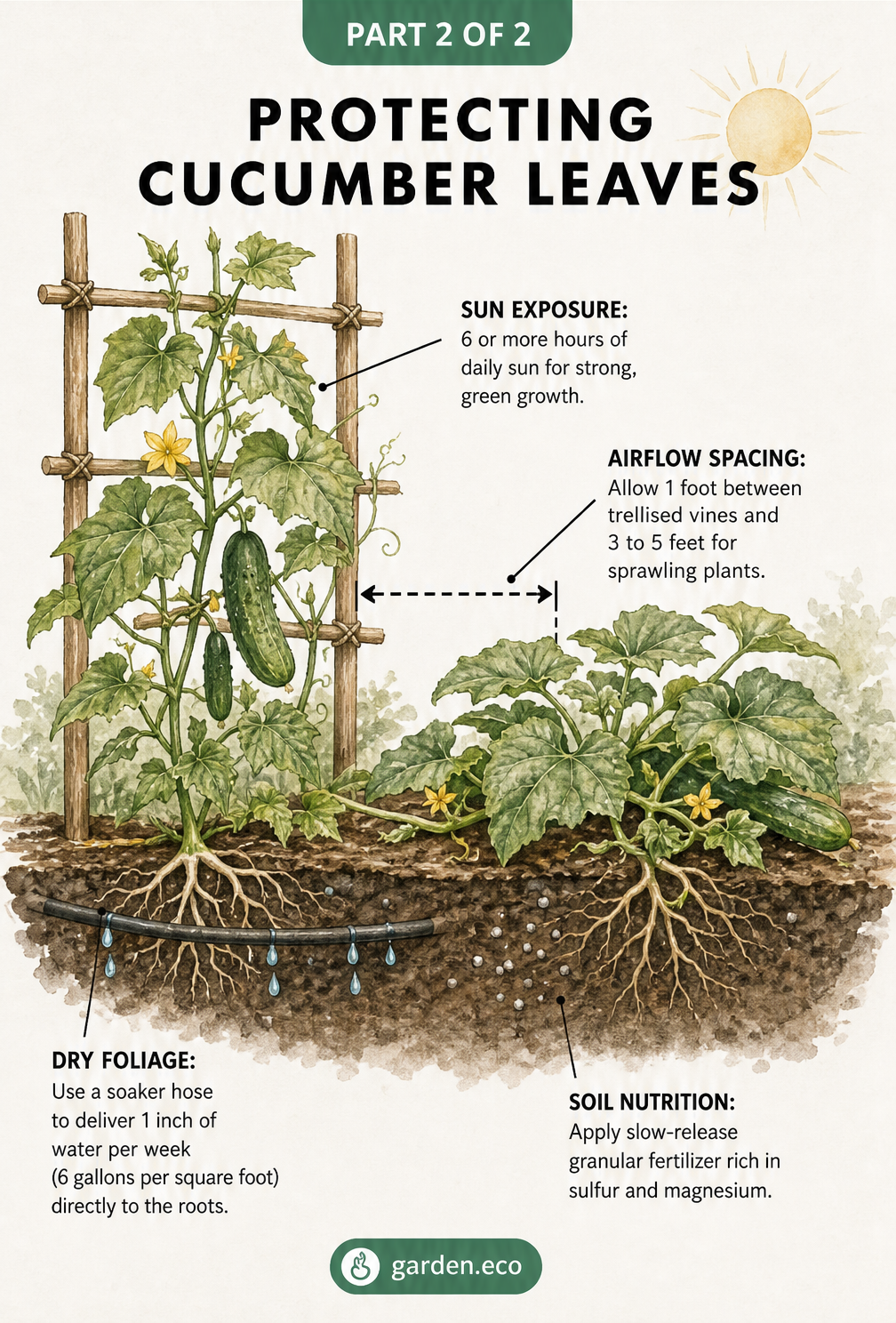 Cross-section of a garden bed showing a cucumber plant on a trellis and sprawling on the ground, with tips for sun, spacing, watering, and nutrition.