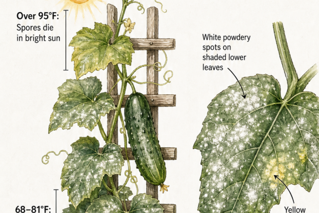 Botanical illustration of a cucumber plant showing powdery mildew symptoms on shaded lower leaves and temperature effects on spores.