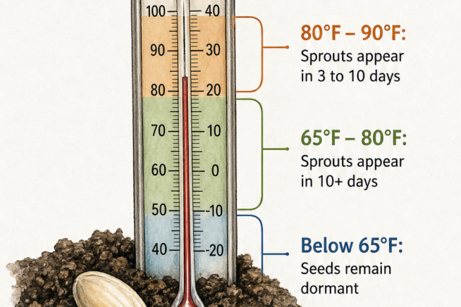 Botanical illustration of a soil thermometer next to a swelling cucumber seed showing germination times based on temperature zones.