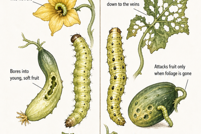 Illustration comparing pickleworm and melonworm damage on cucumber plants, showing tunneling in flowers and devoured leaves.