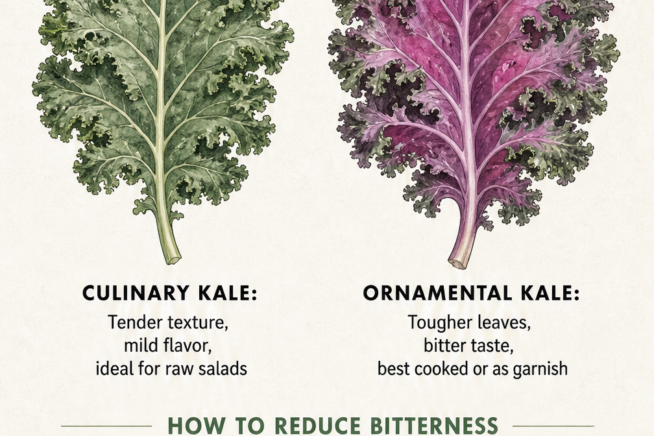 Comparison of culinary and ornamental kale leaves showing differences in texture and culinary uses