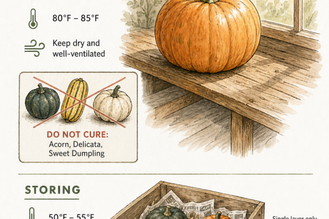 Illustration showing how to cure and store winter squash, including temperature and humidity guidelines.