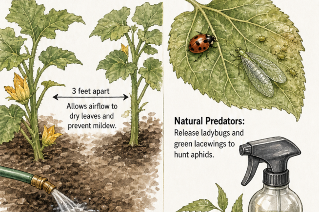 Illustration of healthy squash plants spaced 3 feet apart, watered at the base, with natural predators like ladybugs for pest control.