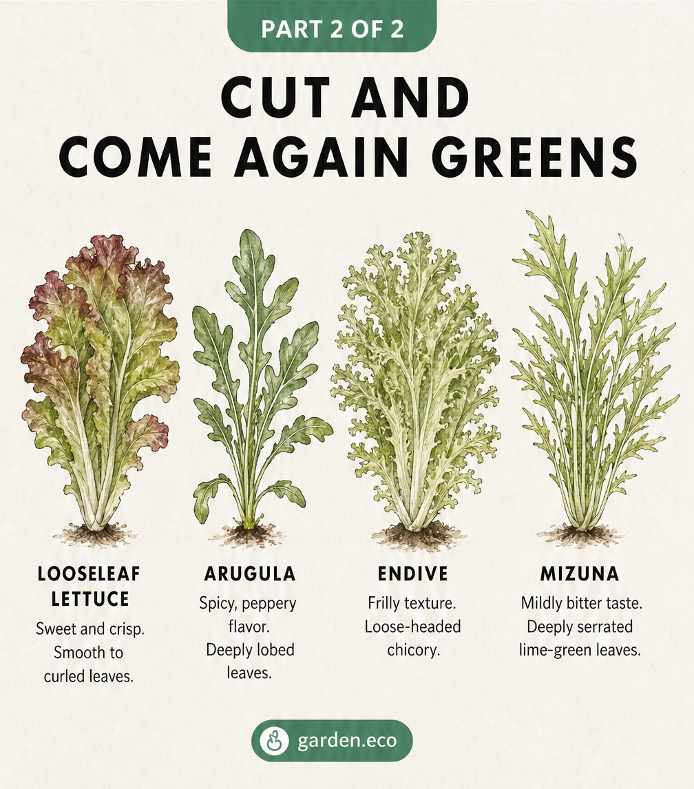 Illustration of four cut-and-come-again greens: Looseleaf Lettuce, Arugula, Endive, and Mizuna