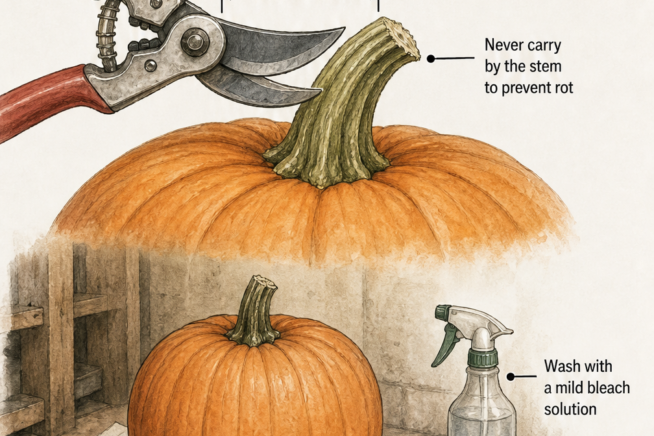 Illustration demonstrating how to cut a pumpkin leaving a 4 to 6 inch stem, and how to store it on newspaper in a cool, dark basement.