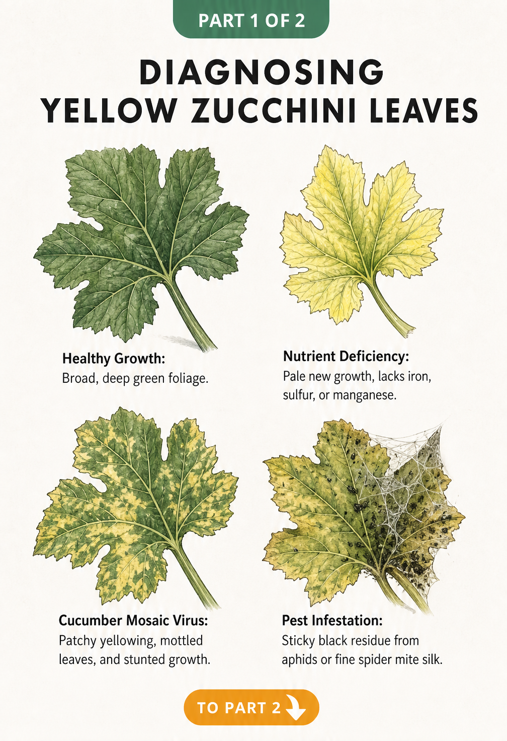 Botanical illustration comparing a healthy green zucchini leaf with three yellowing leaves showing nutrient deficiency, mosaic virus, and pest damage.
