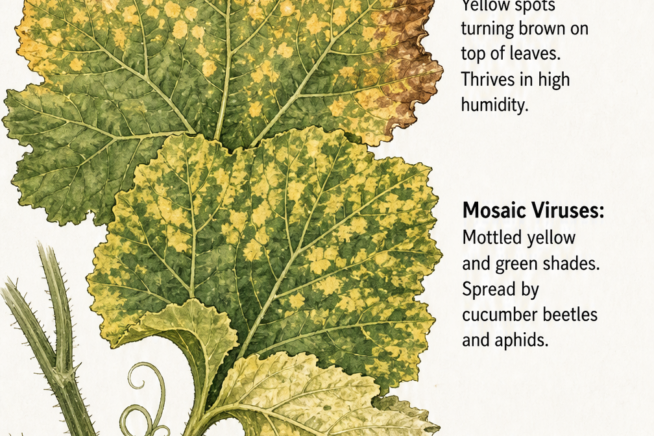 Botanical illustration showing yellowing squash leaves caused by downy mildew, mosaic viruses, and pest damage like aphids.