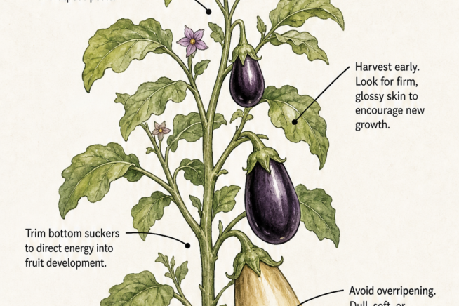Detailed illustration of a well-maintained eggplant bush showing where to prune foliage, trim suckers, and when to harvest the fruit.