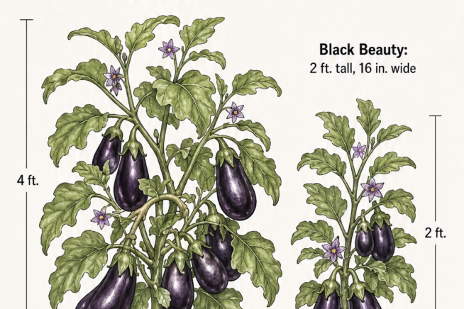 Botanical illustration comparing the size of Ichiban and Black Beauty eggplant bushes