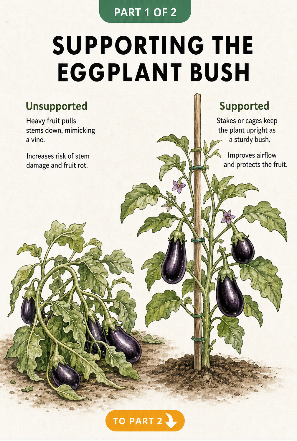 Side-by-side comparison of an unsupported eggplant bush with stems bending under heavy fruit versus a supported upright eggplant bush using a stake.