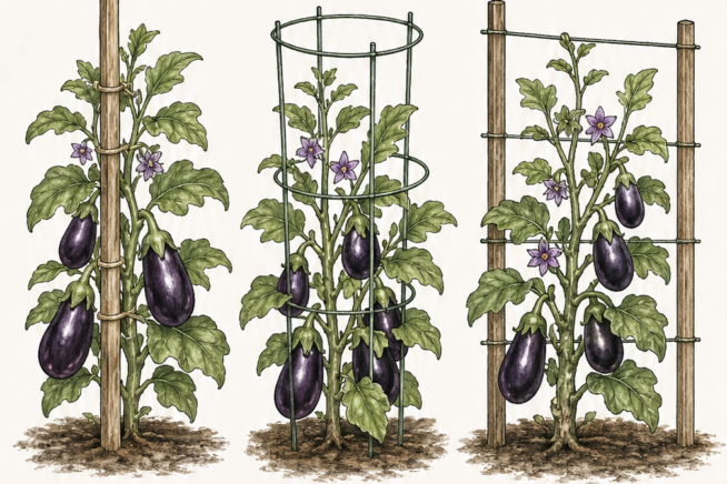 Botanical drawings showing three ways to support an eggplant bush: wooden stake, tomato cage, and row trellis
