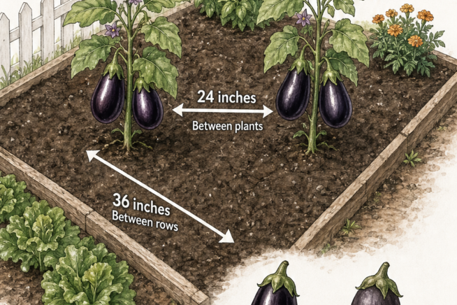 Isometric illustration showing proper eggplant spacing in a garden bed, with a guide on when to harvest.
