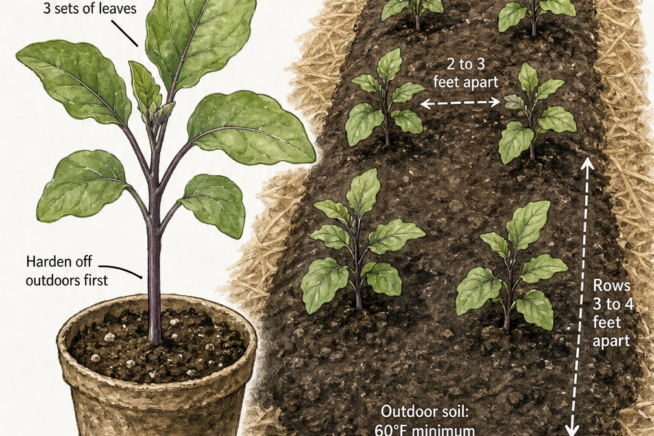 Illustration showing an eggplant seedling ready for transplanting and a garden bed layout with proper spacing