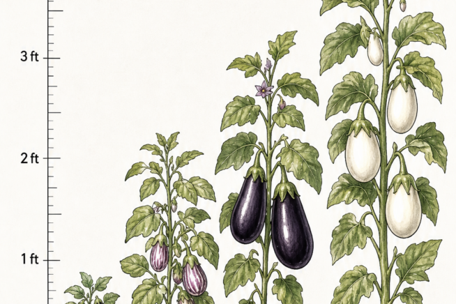 Botanical illustration comparing the heights of four eggplant varieties: Baby Bell, Fairy Tale, Black Beauty, and White Eggplant.