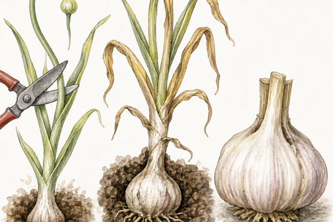 Three stages of elephant garlic harvest: cutting scapes in late spring, digging bulbs when leaves turn yellow in summer, and curing the trimmed bulbs.