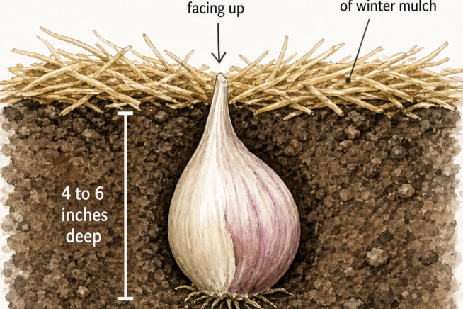 Botanical illustration showing an elephant garlic clove planted 4 to 6 inches deep with the pointed end facing up, covered by winter mulch.