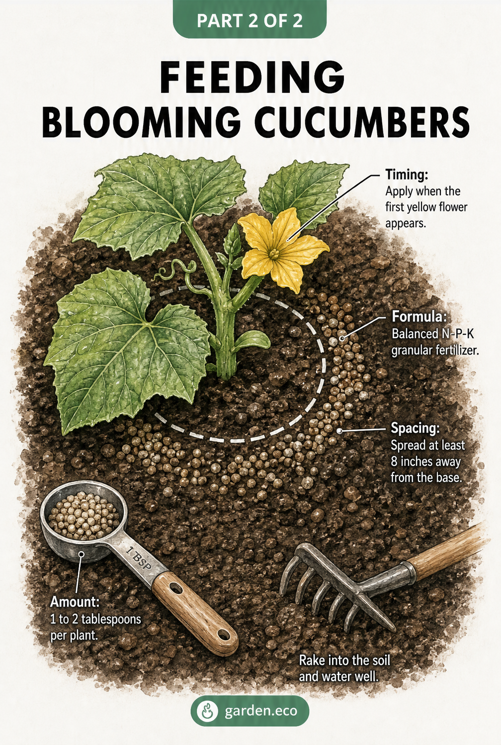 Illustration of a young cucumber plant with its first yellow flower, showing how to apply granular fertilizer 8 inches from the base.