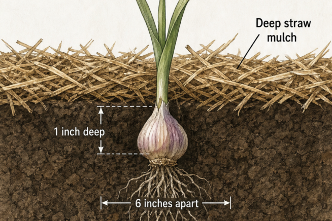 Cross-section of a garden bed showing a garlic clove planted 1 inch deep and 6 inches apart under deep straw mulch, with afternoon shade and fertilizer.