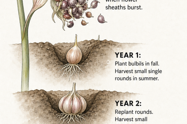 Botanical illustration showing the three-year life cycle of growing garlic from bulbils to full-sized bulbs.