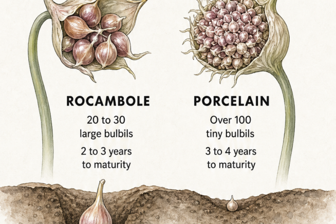 Comparison of Rocambole and Porcelain garlic bulbils showing size differences and planting depths.