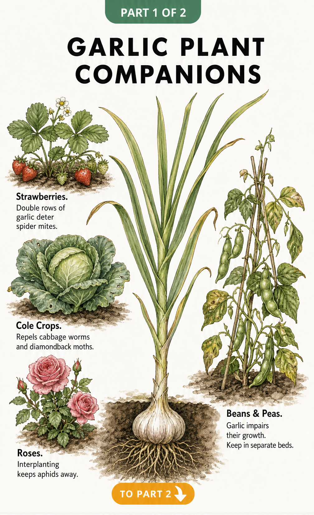 Illustration showing garlic companion plants like strawberries, cole crops, and roses, as well as bad neighbors like beans and peas.