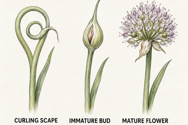 Three growth stages of a garlic flower showing a curling green scape, an immature bud, and a mature purple and white flower.