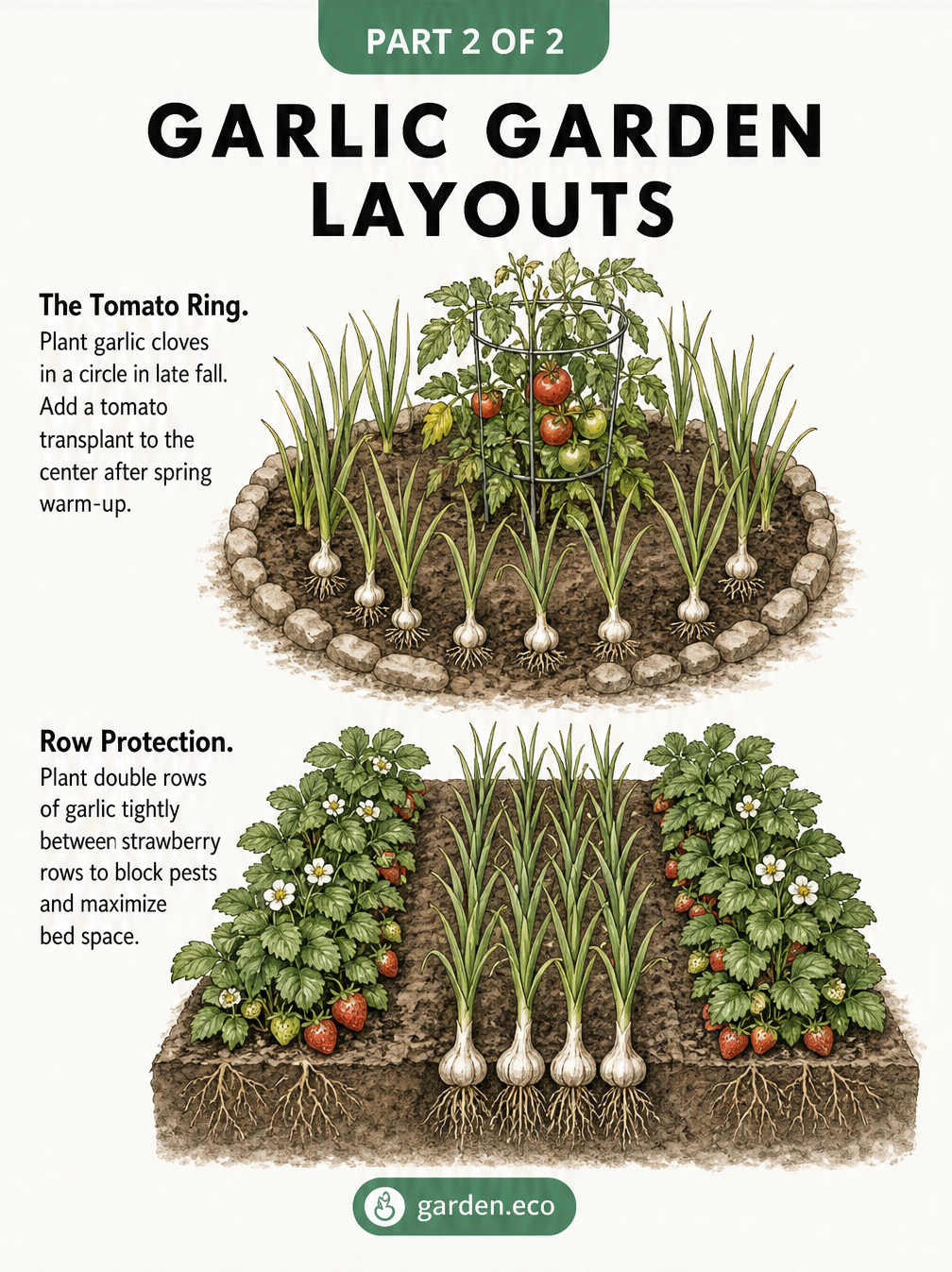 Illustrated garden layouts showing garlic planted in a ring around a tomato plant and in double rows between strawberries.