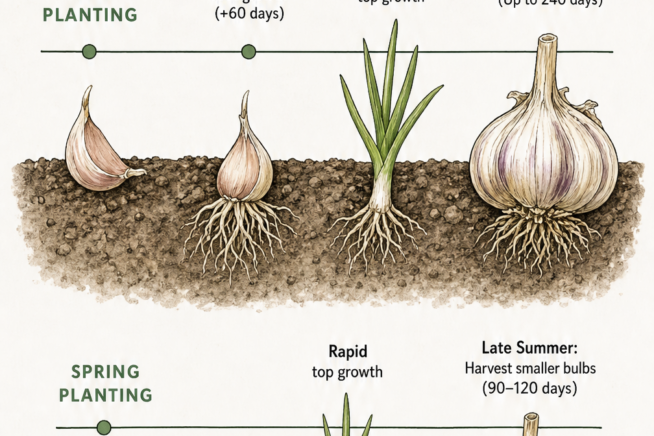 Illustrated timeline comparing fall and spring garlic planting, showing root and top growth over 90 to 240 days.