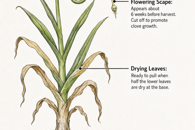 Botanical illustration of a mature hardneck garlic plant showing a flowering scape, drying lower leaves, and a fully sized bulb ready for harvest.