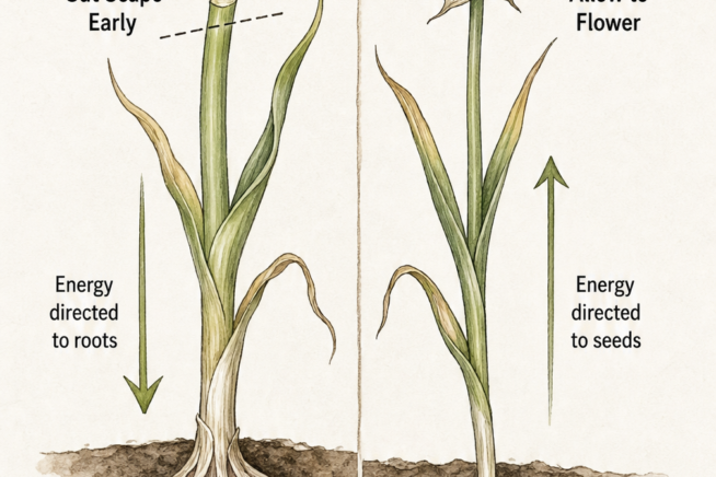 Botanical illustration showing how cutting a garlic scape early directs energy to the bulb, while allowing it to flower produces smaller cloves.