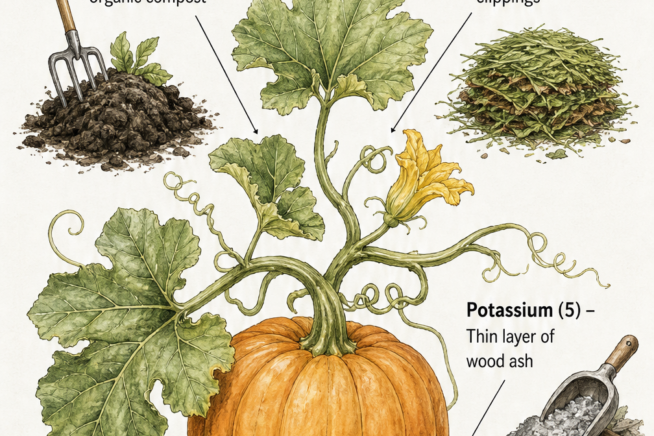Botanical illustration of a giant pumpkin showing the ideal 5-10-5 NPK fertilizer ratio with organic sources like steer manure, grass clippings, and wood ash.