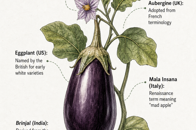 Botanical illustration of a purple eggplant showing its global names and origins including brinjal and aubergine