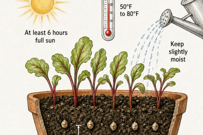 Cross-section of a terracotta pot showing beet seeds planted half an inch deep in potting mix, with red-stemmed sprouts growing under full sun.
