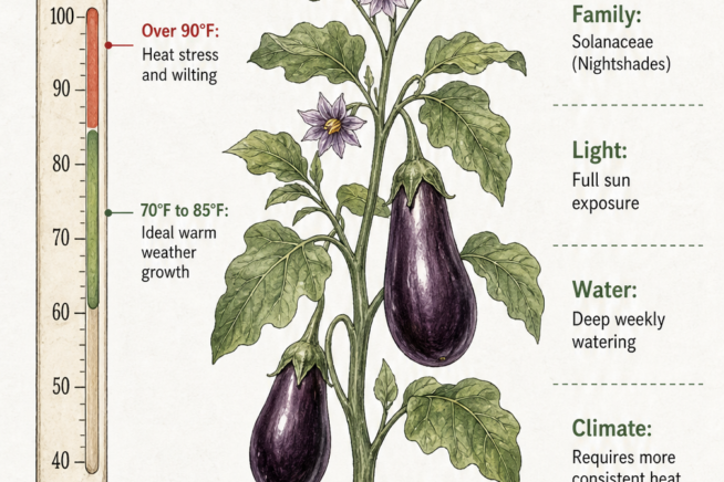 Vertical illustration of an eggplant plant showing ideal growing temperatures and care instructions