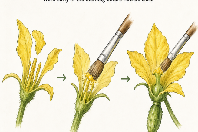 Three-step sketch showing how to hand pollinate cucumber flowers: pulling petals off the male flower, gathering pollen with a soft-bristle brush, and dusting...
