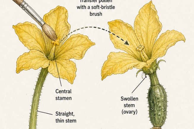 Botanical illustration showing how to transfer pollen from a male cucumber flower to a female flower using a soft brush.