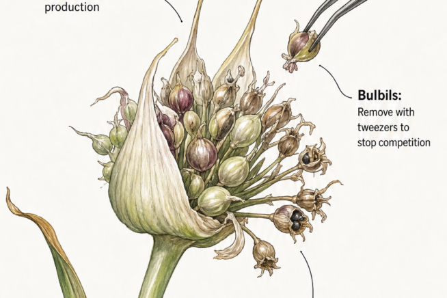 Botanical illustration of a hardneck garlic scape showing bulbils being removed with tweezers to allow true seeds to form.