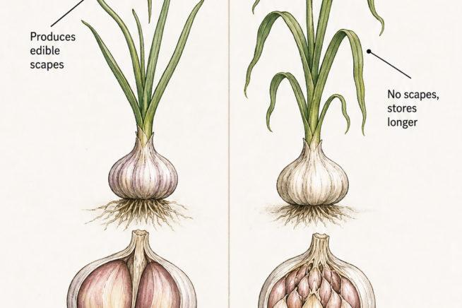 Botanical illustration comparing hardneck garlic with scapes to softneck garlic without scapes.