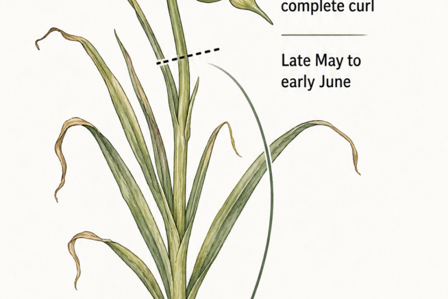 Botanical illustration comparing hardneck and softneck garlic plants, showing the central woody stalk and edible scape of hardneck varieties.