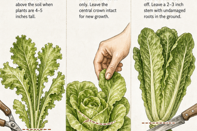 Botanical illustration showing exactly where to cut looseleaf, butter lettuce, and romaine to ensure regrowth.