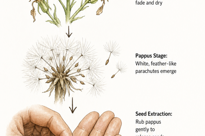 Detailed illustration of the lettuce seed cycle, showing a yellow flower, the white feathery pappus stage, and fingers gently rubbing the pappus to extract...
