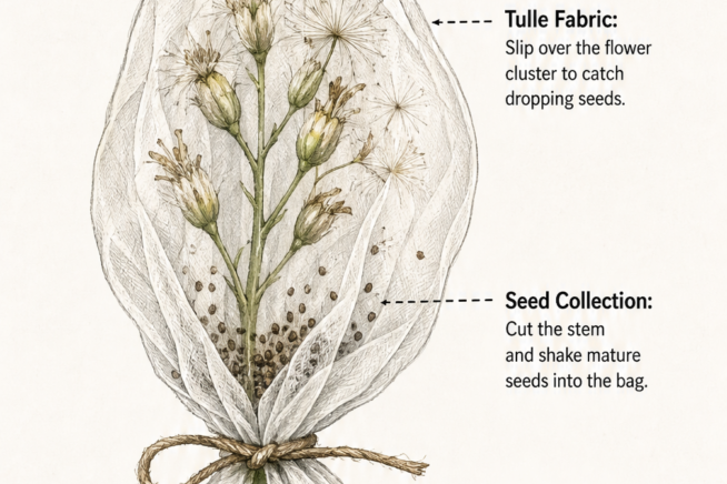 Botanical drawing of a lettuce flower cluster wrapped in tulle fabric and tied with garden twine to catch mature seeds.