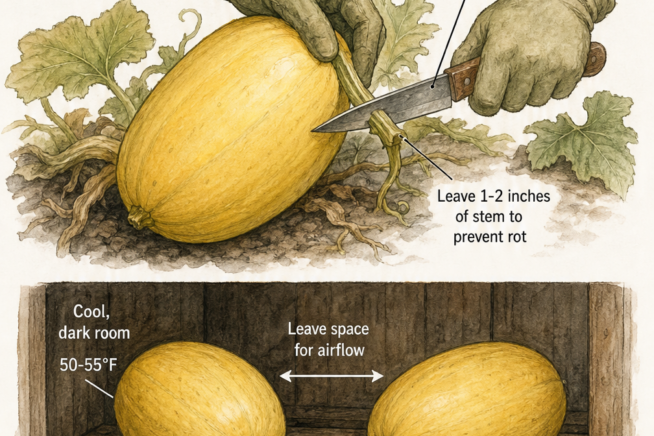 Illustration showing hands in gardening gloves cutting a ripe spaghetti squash from the vine, and two squashes stored on a wooden shelf in a cool room.