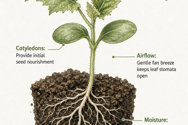 Detailed drawing of a young cucumber sprout showing cotyledons, true leaves, and root moisture needs.