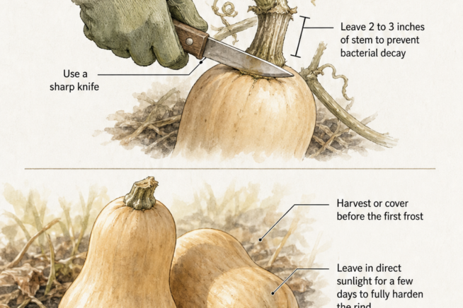 Illustration demonstrating how to harvest butternut squash by cutting the stem with a sharp knife and leaving two to three inches attached.