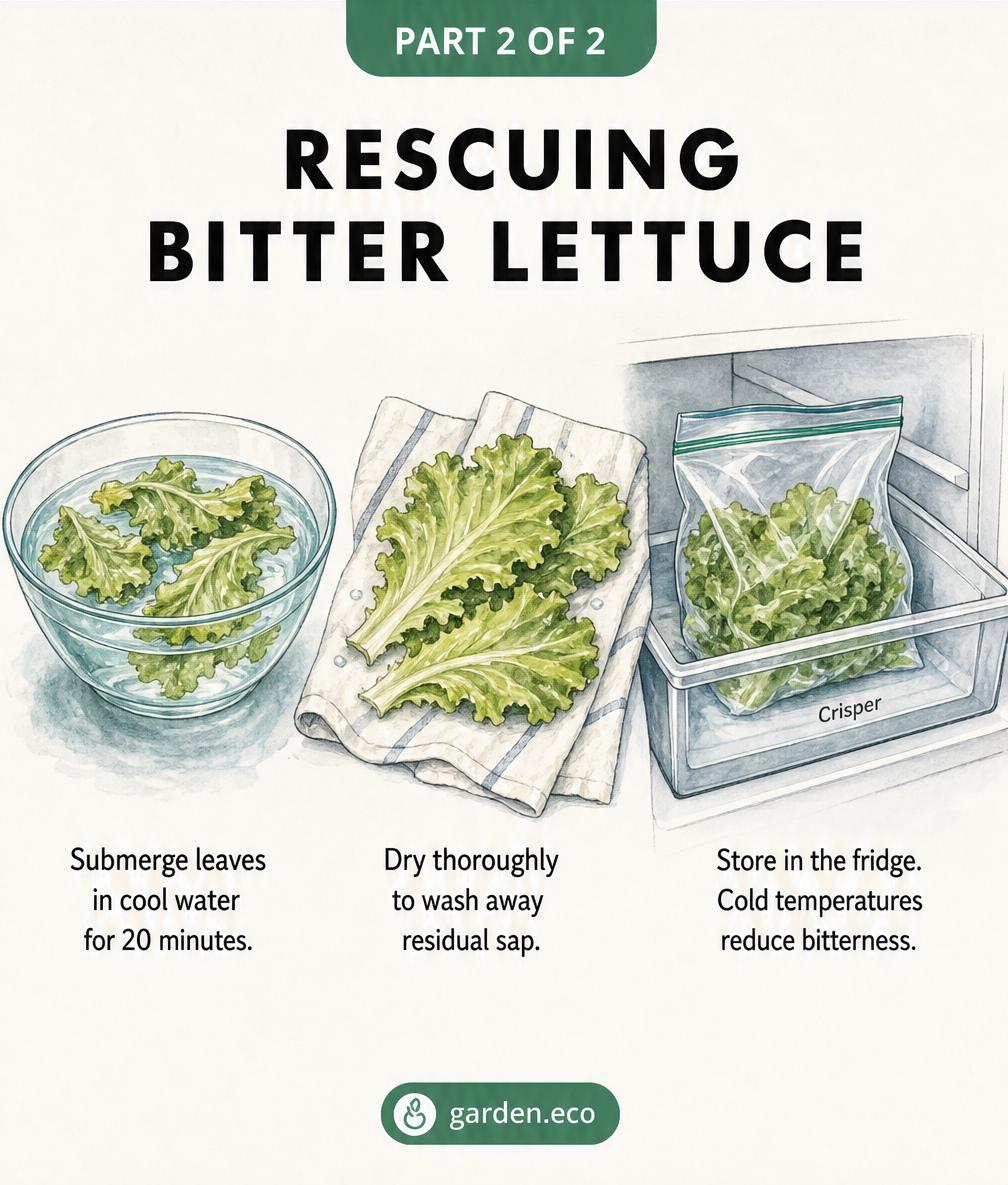 Three-step illustration showing how to rescue bitter lettuce by soaking leaves in cool water, drying them thoroughly, and storing them in the crisper drawer.