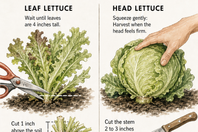 Illustration comparing harvesting techniques for leaf lettuce using garden shears and head lettuce using a sharp harvest knife.