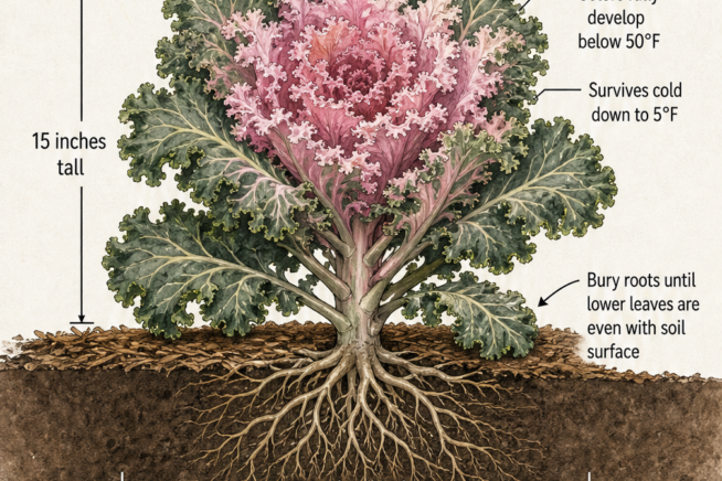 Diagram showing the correct planting depth and spacing for transplanting ornamental kale in the garden